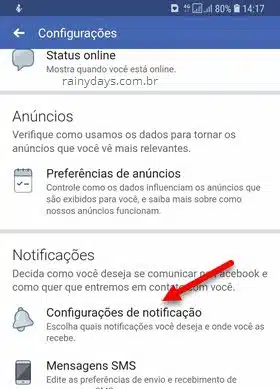 configurações de notificação Facebook app