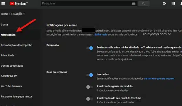 desativar notificações por email no YouTube pelo PC