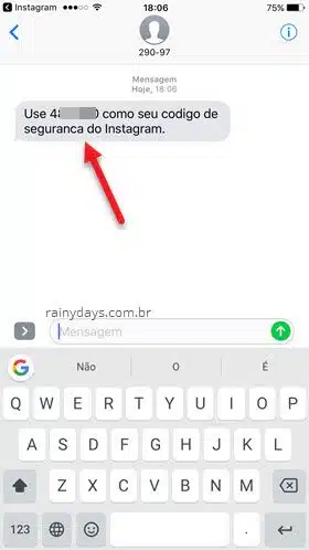 SMS Instagram com código de segurança