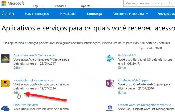 Revogar permissão de aplicativos na conta Microsoft Outlook