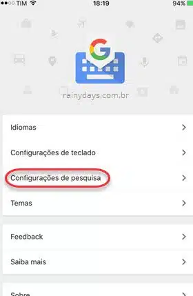 configurações de pesquisa Gboard iOS