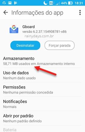 informações app Armazenamento Gboard Android