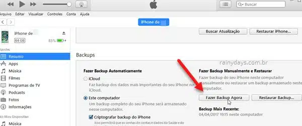 Backup manual do iPhone pelo iTunes