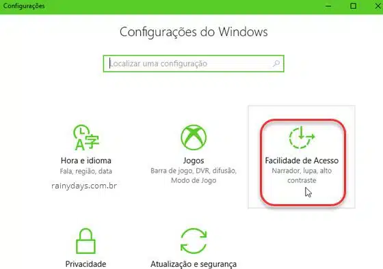 Configurações Facilidade de Acesso Windows