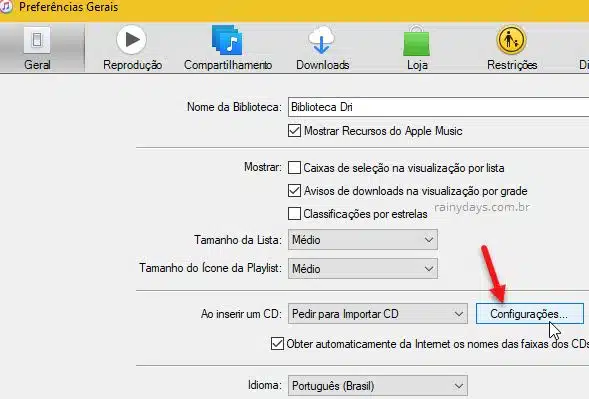 Configurações importar CD iTunes