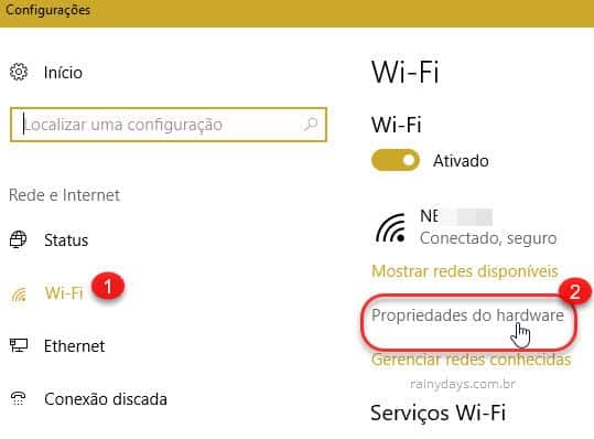 configurações Wi-Fi Propriedades de Hardware Windows