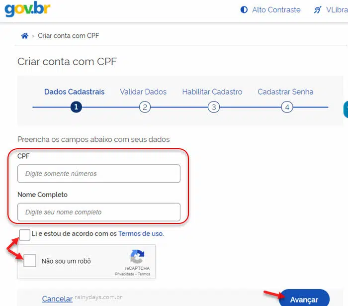 Criação de conta no Meu Gov.br com número do CPF
