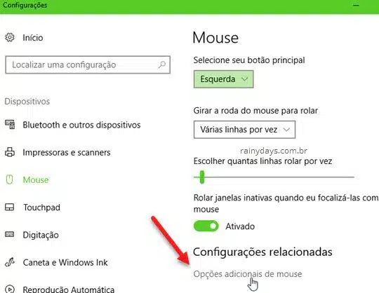 Opções adicionais de mouse Windows