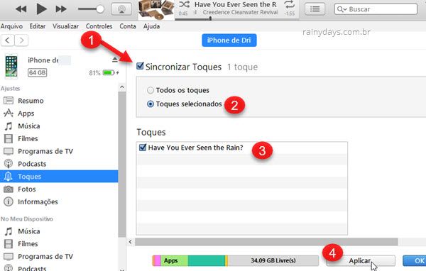 sincronizar toques selecionados iTunes iPhone para criar toque