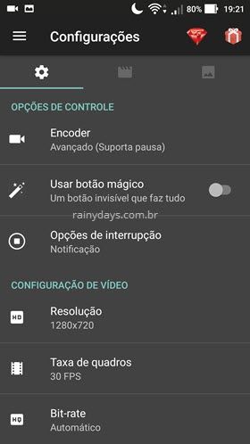 configurações do AZ Gravador de Tela Android