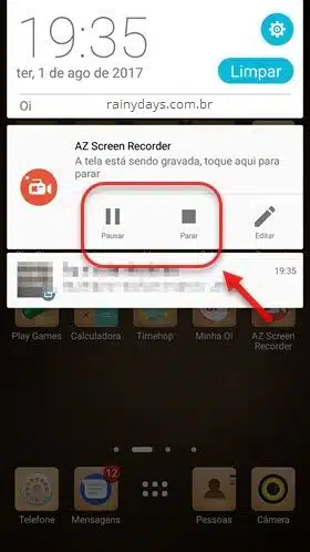 Pausar ou parar gravação AZ Gravador de Tela Android