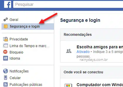 Configurações Segurança e Login Facebook