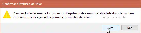 Confirmar exclusão de valor no Registro do Windows