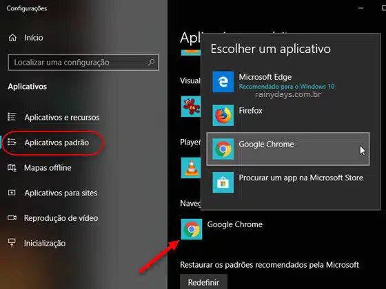 Escolher um aplicativo navegador da web padrão Windows 10