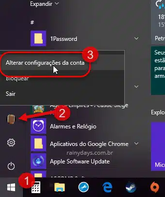 alterar configurações de conta do Windows 10