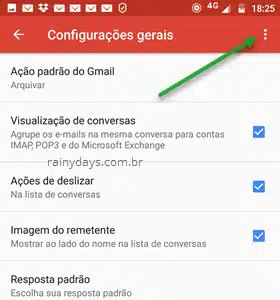 ícone de três bolinhas configurações gerais Gmail Android