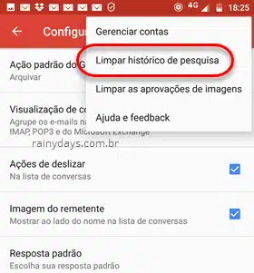 limpar histórico de pesquisa app Gmail Android