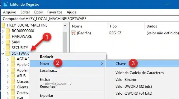Novo chave Editor do Registro Windows