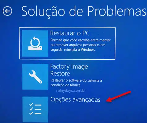 Opções avançadas Soluções de Problemas Windows