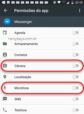 Permissões Câmera Microfone Messenger Android