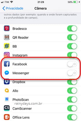Privacidade Câmera Facebook Messenger iPhone