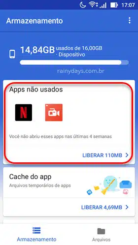 Apps não usados Files GO Google Android