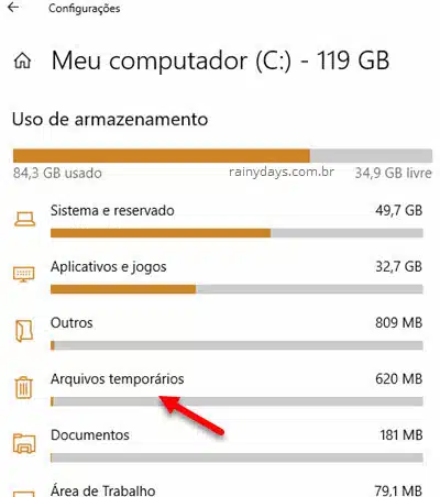 Arquivos temporários dentro de Armazenamento do Windows 10