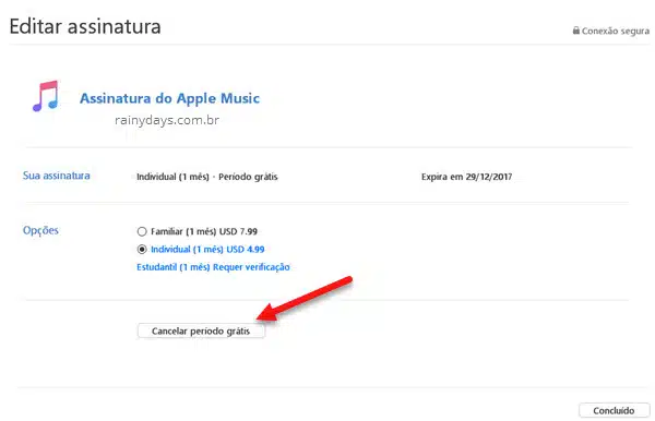 Cancelar período grátis Assinatura Apple Music