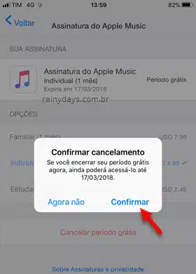 Confirmar cancelamento Assinatura Apple Music iOS