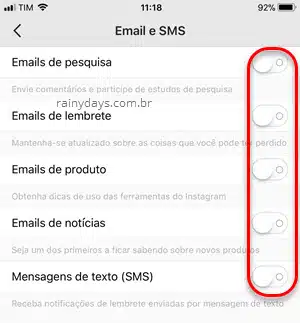Desativar notificações do Instagram por email e SMS