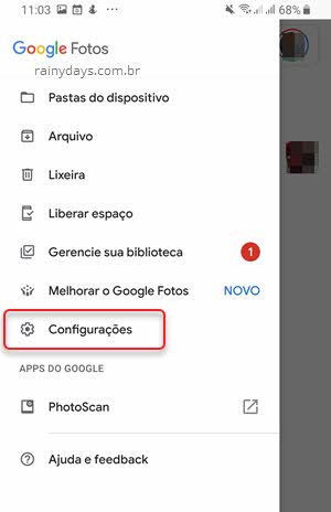 menu Configurações app Google Fotos