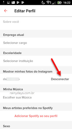 Perfil desconectar Instagram do app Tinder