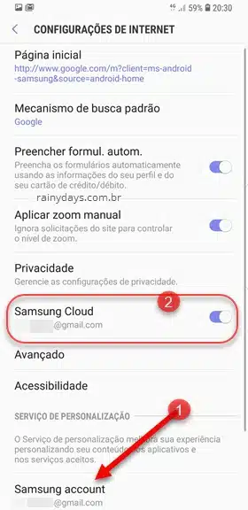 configurações Internet Samsung Cloud e Samsung Account