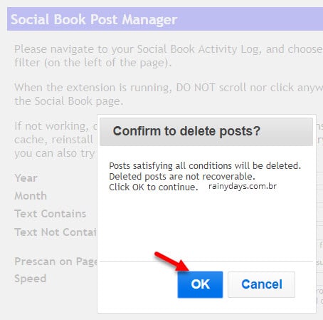 confirmar exclusão de posts Facebook Social Book Post Manager