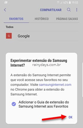 Extensão Samsung Internet aos Favoritos Chrome Android
