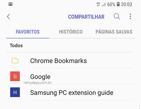 Sincronizar favoritos do Chrome com navegador Samsung Internet