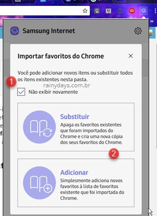 substituir ou adicionar Favoritos do Chrome no Samsung Internet