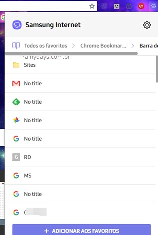 Todos favoritos do Chrome exportados para Samsung Internet