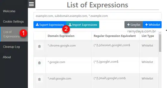 Configurações Cookie AutoDelete exportar importar lista de sites