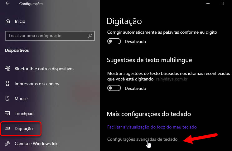 configurações Digitação, configurações avançada de teclado Windows
