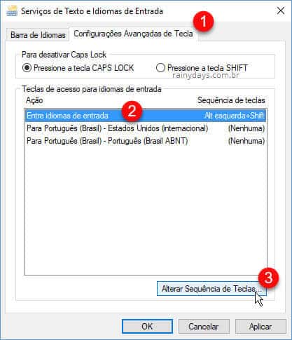 Serviços de texto e idiomas de entrada Windows desativar atalho quando teclado muda layout sozinho no Windows