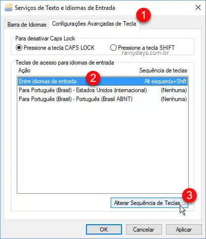 Serviços de texto e idiomas de entrada Windows desativar atalho quando teclado muda layout sozinho no Windows