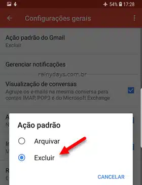 Ação padrão excluir aplicativos Gmail ANdroid