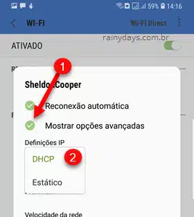 Mostrar opções avançadas DHCP rede wifi Android