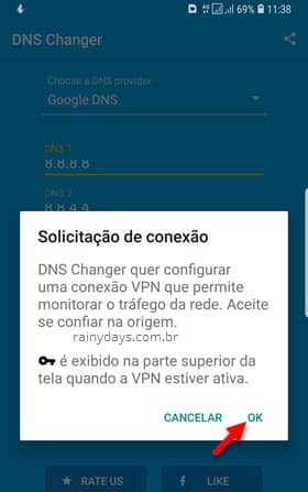 Permissão ao DNS Changer para modificar DNS Android 3G e 4G