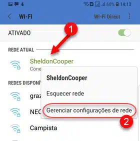 Toque e segure em cima da conexão WiFi Android gerenciar