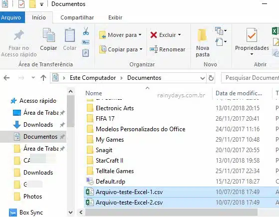 Arquivos do Excel na pasta Documentos Windows