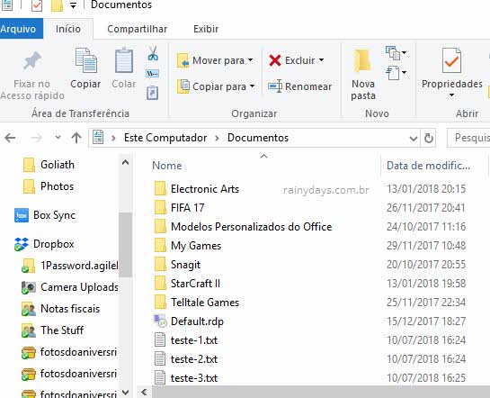 Arquivos txt na pasta Documentos do Windows