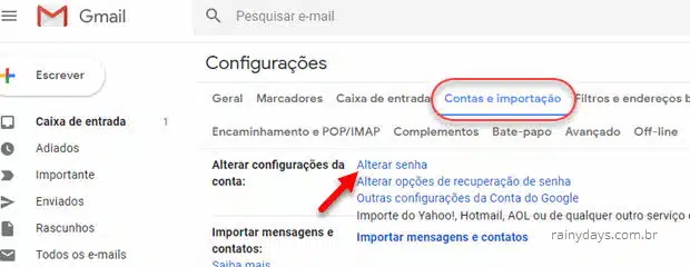 Gmail contas e importação ALterar senha