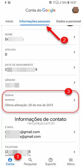 informações de conta Google app Gmail